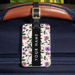 Colorful Flowers, Pink Background, Black Luggage Tag