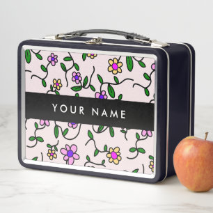 Colorful Flowers, Pink Background, Black Metal Lunch Box