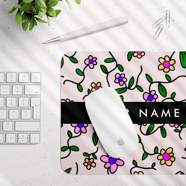 Colorful Flowers, Pink Background, Black Mouse Pad (Creator Uploaded)