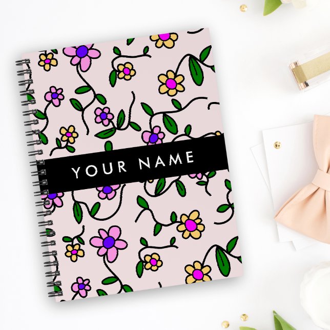 Colorful Flowers, Pink Background, Black Notebook (Creator Uploaded)