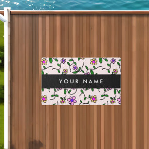 Colorful Flowers, Pink Background, Black Outdoor Rug