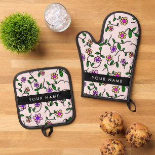 Colorful Flowers, Pink Background, Black Oven Mitt & Pot Holder Set