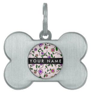 Colorful Flowers, Pink Background, Black Pet ID Tag