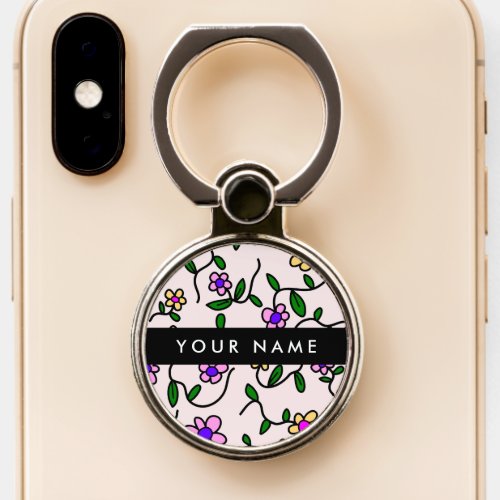 Colorful Flowers Pink Background Black Phone Ring Stand