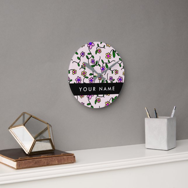 Colorful Flowers, Pink Background, Black Round Clock (Office)
