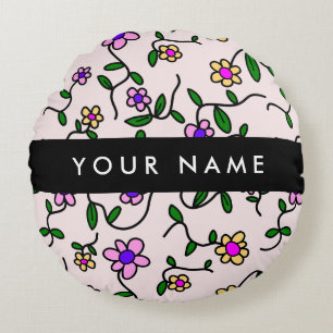 Colorful Flowers, Pink Background, Black Round Pillow