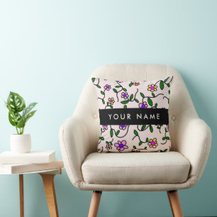 Colorful Flowers, Pink Background, Black Throw Pillow