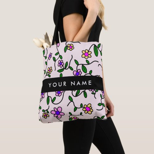 Colorful Flowers Pink Background Black Tote Bag