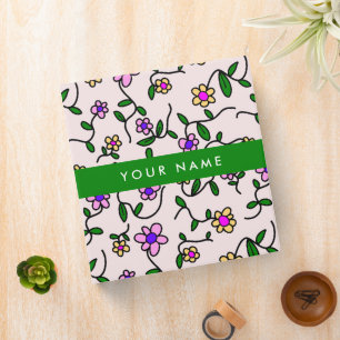 Colorful Flowers, Pink Background, Green 3 Ring Binder