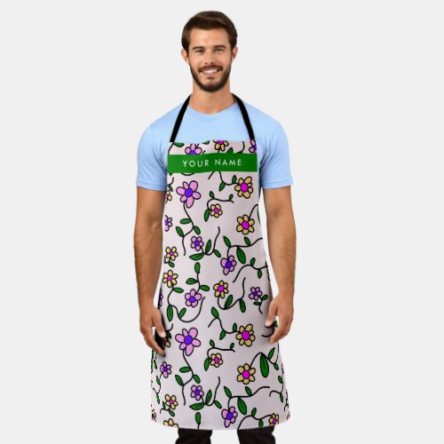 Colorful Flowers Pink Background Green Apron