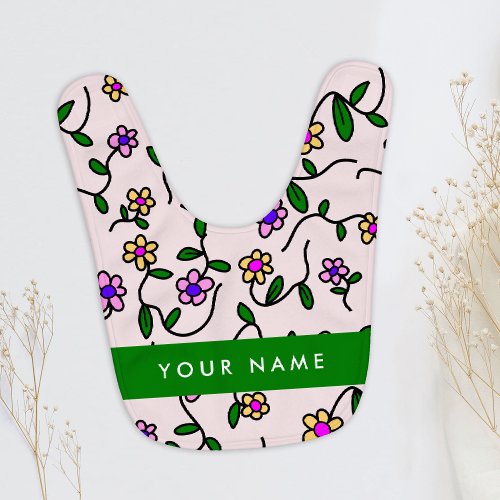 Colorful Flowers Pink Background Green Baby Bib