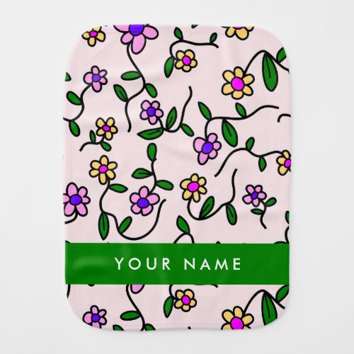 Colorful Flowers Pink Background Green Baby Burp Cloth