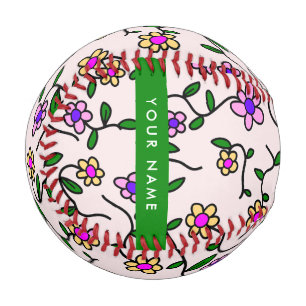 Colorful Flowers, Pink Background, Green Baseball