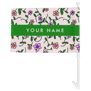 Colorful Flowers, Pink Background, Green Car Flag