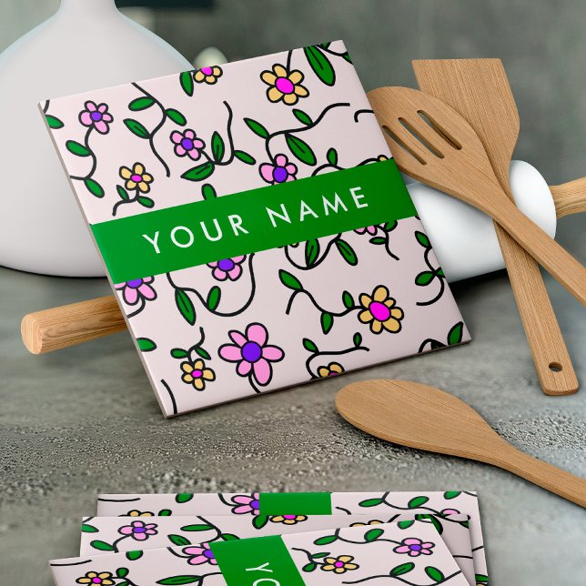 Colorful Flowers, Pink Background, Green Ceramic Tile (Creator Uploaded)