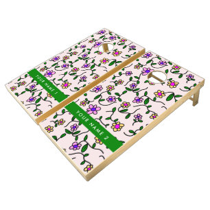 Colorful Flowers, Pink Background, Green Cornhole Set