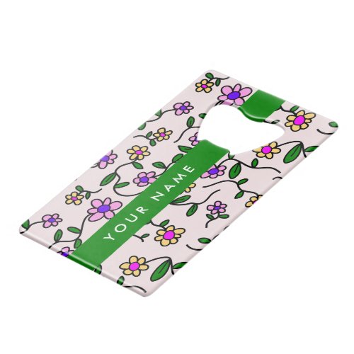 Colorful Flowers Pink Background Green Credit Card Bottle Opener