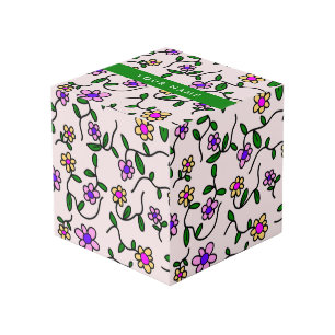 Colorful Flowers, Pink Background, Green Cube