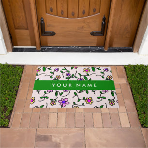 Colorful Flowers, Pink Background, Green Doormat