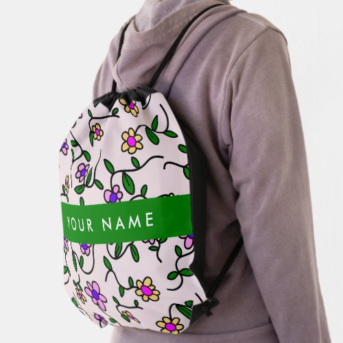 Colorful Flowers Pink Background Green Drawstring Bag