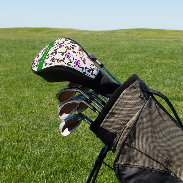 Colorful Flowers, Pink Background, Green Golf Head Cover (In Situ)