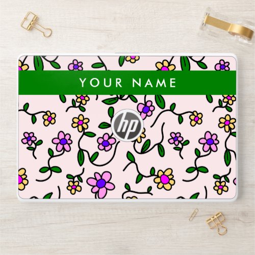 Colorful Flowers Pink Background Green HP Laptop Skin