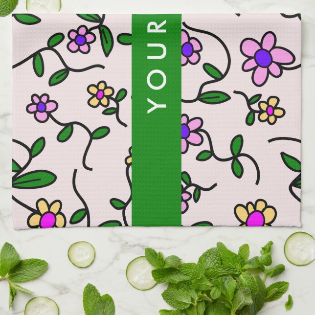 Colorful Flowers, Pink Background, Green Kitchen Towel (Folded)