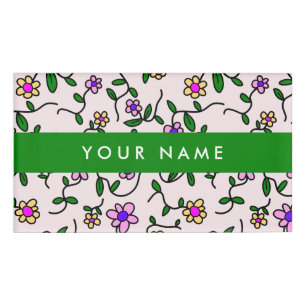 Colorful Flowers, Pink Background, Green Name Tag