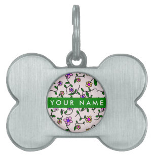 Colorful Flowers, Pink Background, Green Pet ID Tag