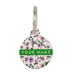 Colorful Flowers, Pink Background, Green Pet ID Tag