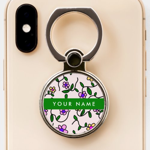 Colorful Flowers Pink Background Green Phone Ring Stand