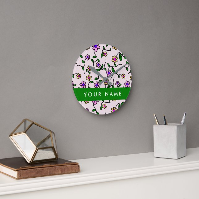 Colorful Flowers, Pink Background, Green Round Clock (Office)