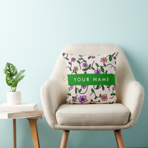 Colorful Flowers, Pink Background, Green Throw Pillow