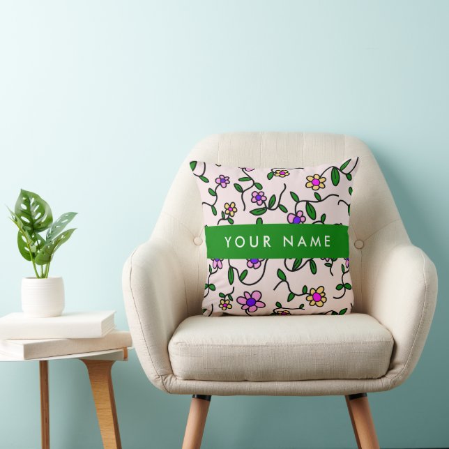 Colorful Flowers, Pink Background, Green Throw Pillow (Chair)