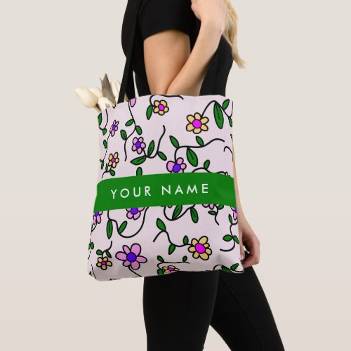 Colorful Flowers Pink Background Green Tote Bag