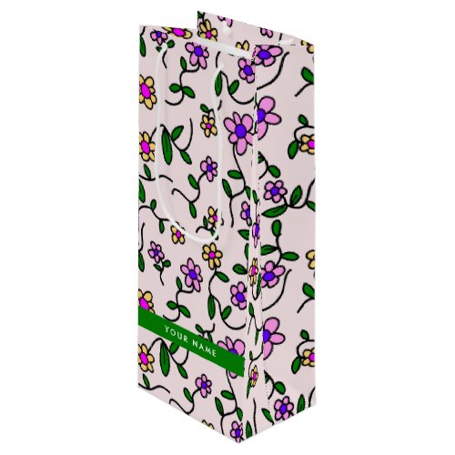 Colorful Flowers Pink Background Green Wine Gift Bag