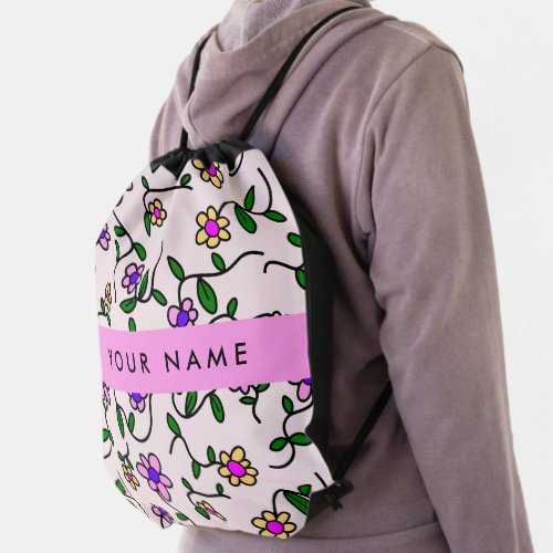 Colorful Flowers Pink Background Pink Drawstring Bag