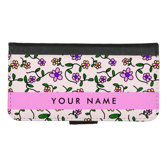 Colorful Flowers, Pink Background, Pink iPhone Wallet Case (Front (Horizontal))