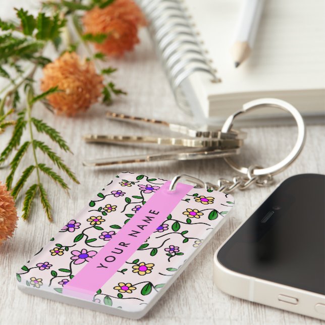Colorful Flowers, Pink Background, Pink Keychain (Front Right)