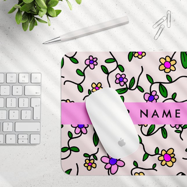 Colorful Flowers, Pink Background, Pink Mouse Pad (Creator Uploaded)