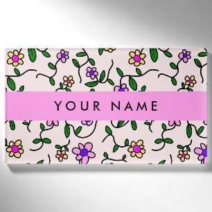 Colorful Flowers, Pink Background, Pink Name Tag