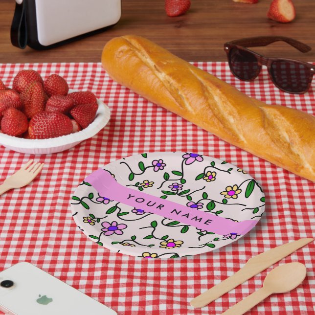 Colorful Flowers, Pink Background, Pink Paper Plates (Picnic)