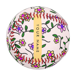 Colorful Flowers, Pink Background, Yellow Baseball
