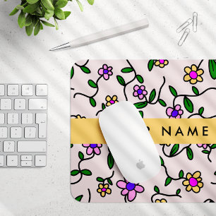Colorful Flowers, Pink Background, Yellow Mouse Pad