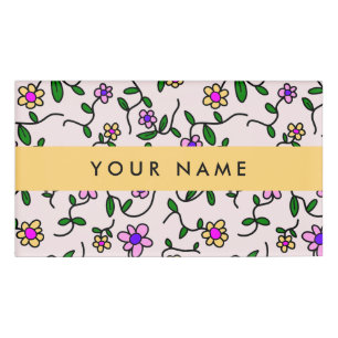Colorful Flowers, Pink Background, Yellow Name Tag