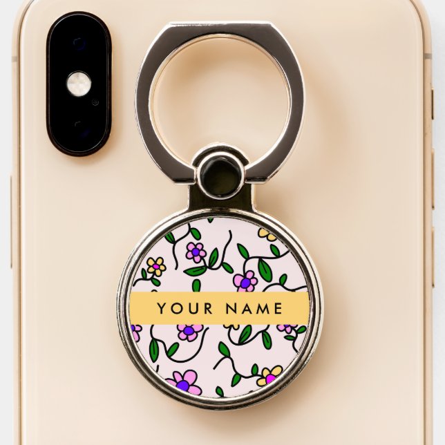 Colorful Flowers, Pink Background, Yellow Phone Ring Stand (Close Up)
