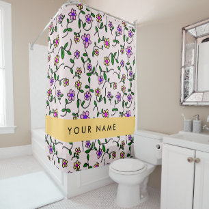 Colorful Flowers, Pink Background, Yellow Shower Curtain