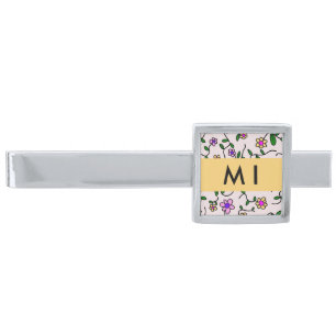 Colorful Flowers, Pink Background, Yellow Silver Finish Tie Bar