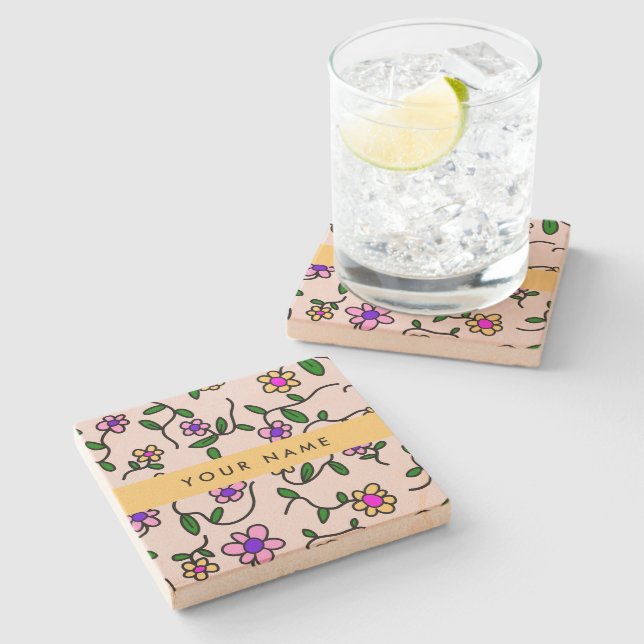 Colorful Flowers, Pink Background, Yellow Stone Coaster (Side)