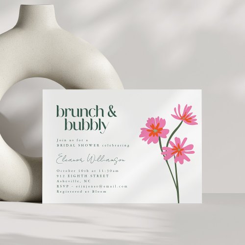 Colorful Flowers Pink Green Floral Brunch Bubbly Invitation